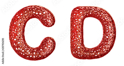 Realistic 3D letters set C, D made of red plastic.