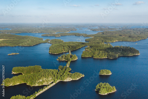 Lake Saimaa in Finland from above in a bird's-eye view drone shot lakeland nature explore unwind