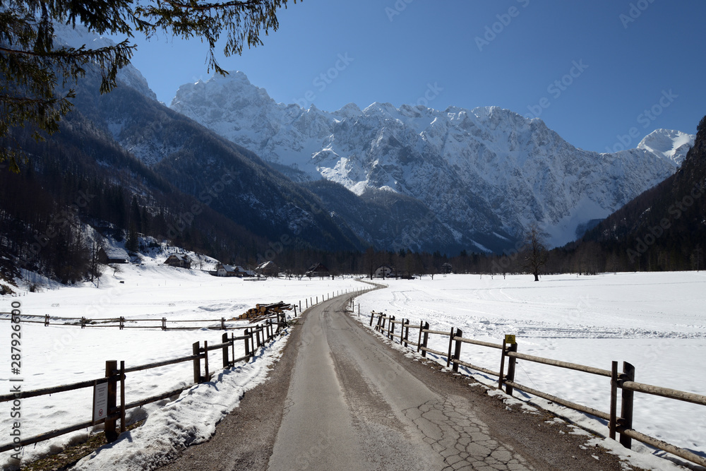 Logar Valley in winter  empty road, Logarska Dolina Slovenia