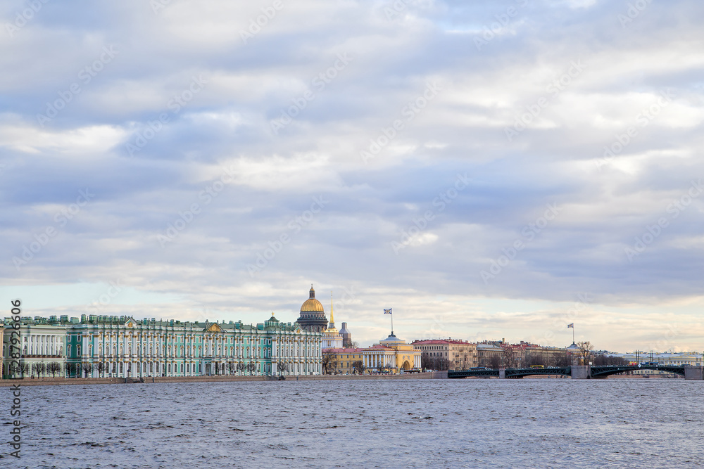 View of St. Isaac's Cathedral, the winter palace from the hare island of St. Petersburg. 