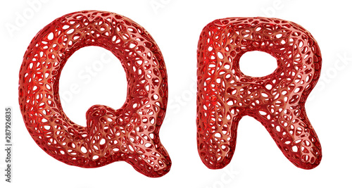 Realistic 3D letters set Q, R made of red plastic.