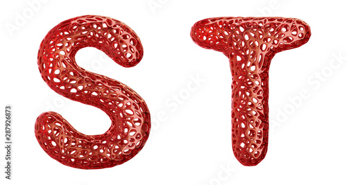 Realistic 3D letters set S, T made of red plastic.