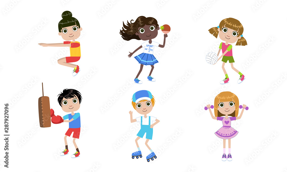 Kids Doing Different Kind of Sports Set, Boys and Girls Playing Table Tennis, Volleyball, Squatting, Exercising with Dumbbells Vector Illustration