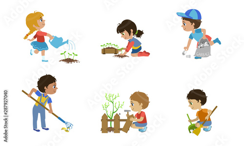 Kids Volunteers Set, Cute Children Working in Garden, Planting and Watering Trees, Trimming Bushes, Picking up Garbage Vector Illustration