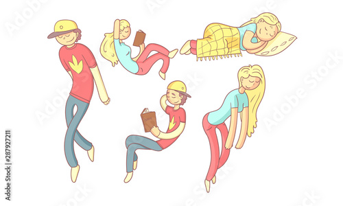 Dreaming People Set, Boy and Girl sits Reading books Vector Illustration