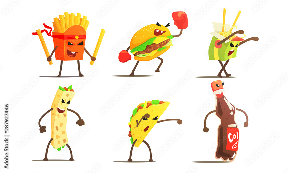 Fast Food Dishes Funny Characters Fighting Set, French Fries, Taco, Burger, Burrito, Soda Drink Vector Illustration