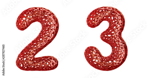 Number set 2, 3 made of red plastic 3d rendering