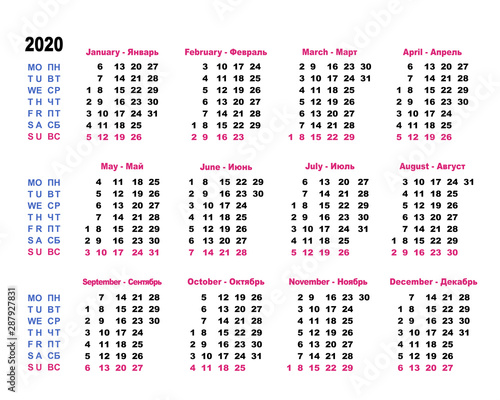 Calendar 2020 in Rus and Eng. Vector illustration