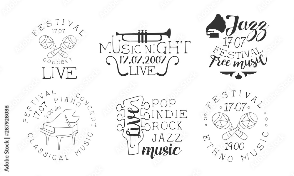 Festival Live Concert Hand Drawn Badges Set, Ethnic Music, Classical Music Concert, Pop, Indie, Rock, Jazz Music Monochrome Vector Illustration