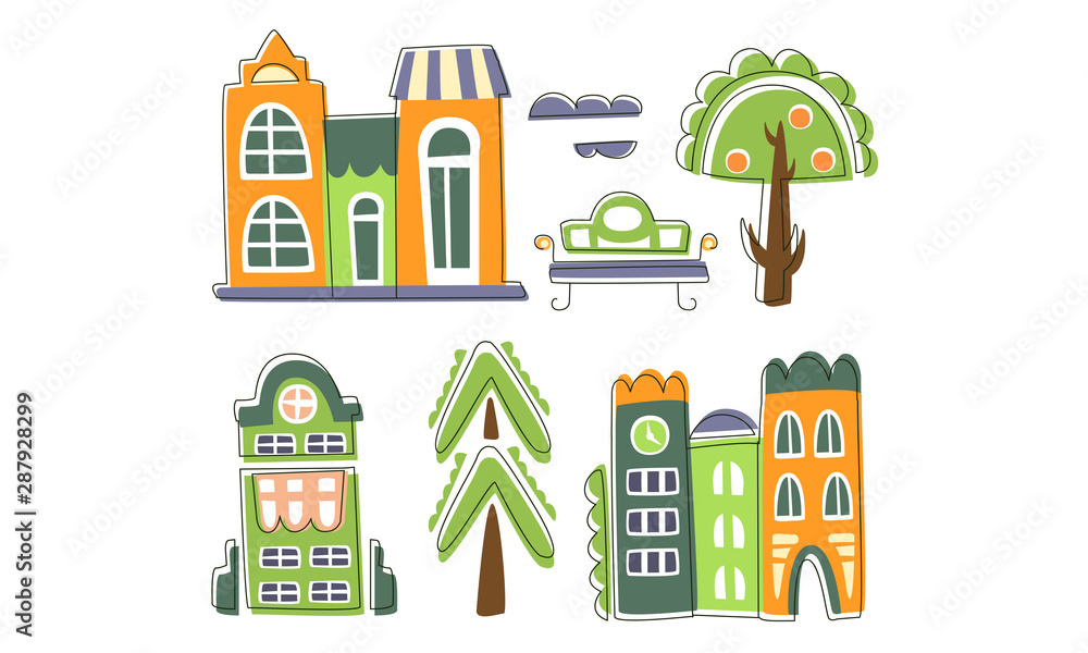 Cute City Landscape Elements Set, Town Residential Houses, Public Buildings, Trees, Bench Hand Drawn Vector Illustration