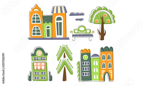 Cute City Landscape Elements Set  Town Residential Houses  Public Buildings  Trees  Bench Hand Drawn Vector Illustration