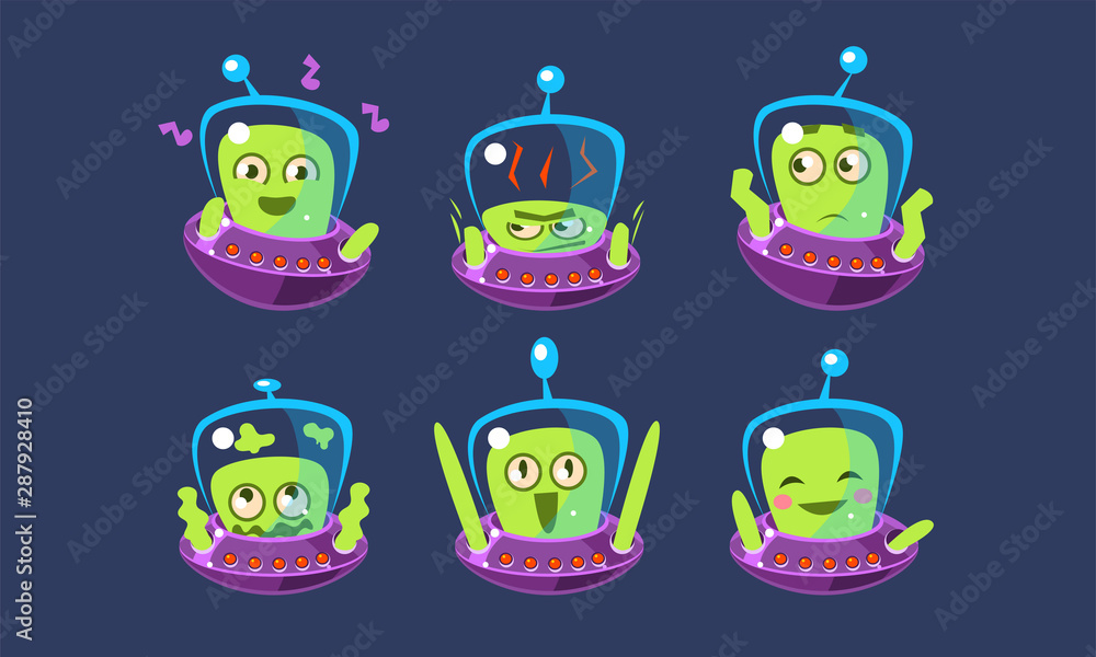 Obraz premium Cute Alien Character Set, Funny Monster with Different Emotions, Green Emojis Vector Illustration