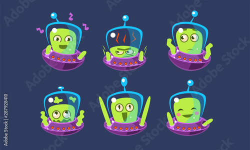 Cute Alien Character Set, Funny Monster with Different Emotions, Green Emojis Vector Illustration