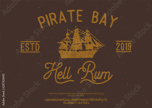 Hell Rum. Script font. Vintage handmade typeface. Original hand made font and logotype. Retro and vintage hadmade logo and font. Print on clothes, sticker.