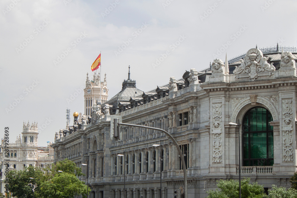Iconic buildings of Gran Vía the most famous avenue of Madrid, Spain, Europe. Towers of Palace  in the downtown of the Spanish capital.