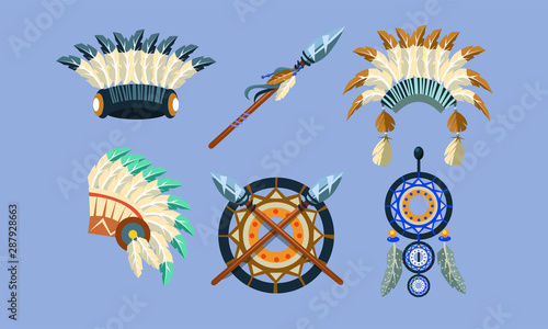 Native American Indian Symbols Set, Ethnic Design Elements, Dreamcatcher, Headdress, Spear Vector Illustration