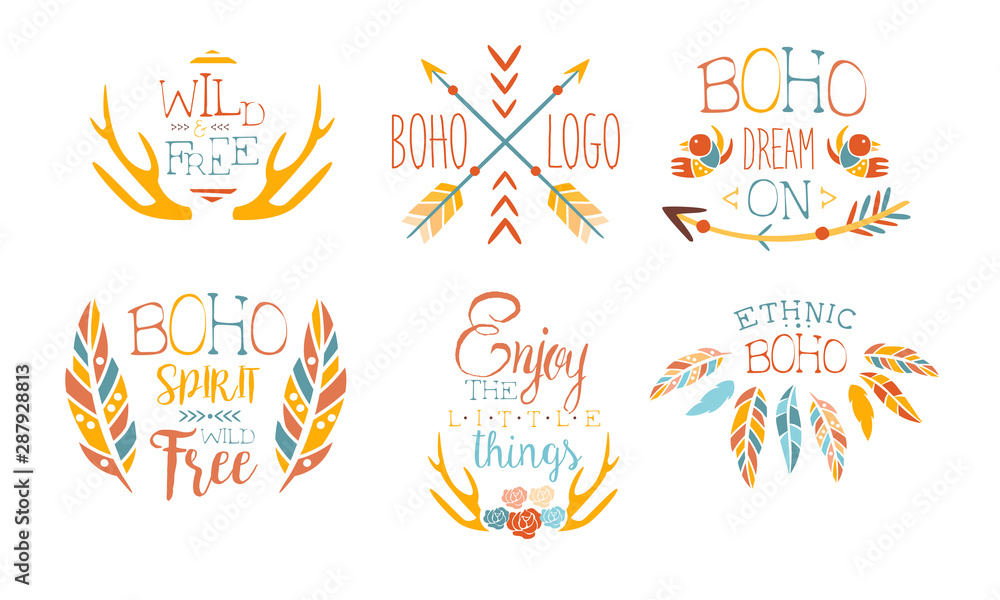Enjoy the Little Things Hand Drawn Badges Set, Boho Spirit Wild Free, Dream on, Ethnic Boho Logo Templates Vector Illustration