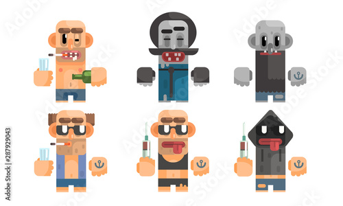 Unhealthy Addcition Lifestyle Set, Male Characters Having Pernicious Habits, Drug, Alcoholism, Smoking Vector Illustration