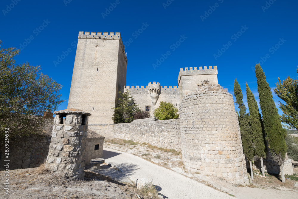 landmark and monument of fifteenth century, towers and rampart of castle in Ampudia village, Palencia, Castilla Leon, Spain, Europe