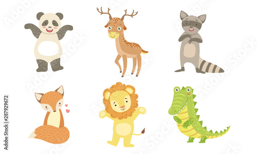 Cute Smiling Animals Set, Happy Panda, Deer, Raccoon, Fox, Lion, Crocodile Vector Illustration