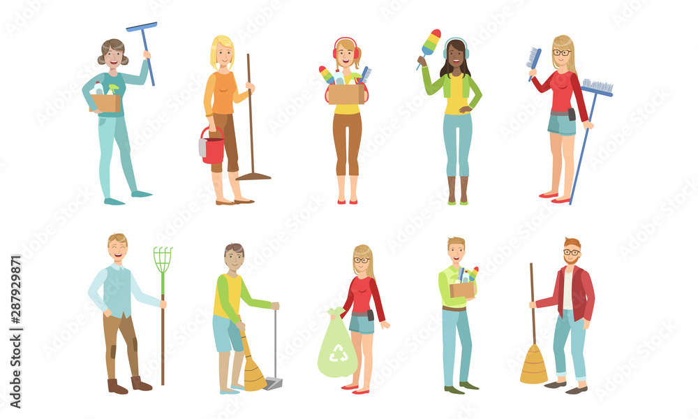 Young Man and Woman with Cleaning Equipment Set, People Cleaning, Gathering Waste, Doing Housework Vector Illustration