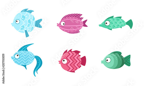 Cute Fish Set, Marine or Aquarium Fish Vector Illustration