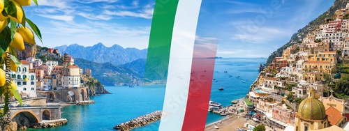 Panoramic collage with flag of Italy and resort towns Atrani and Positano in Amalfi coast, Campania, Italy.