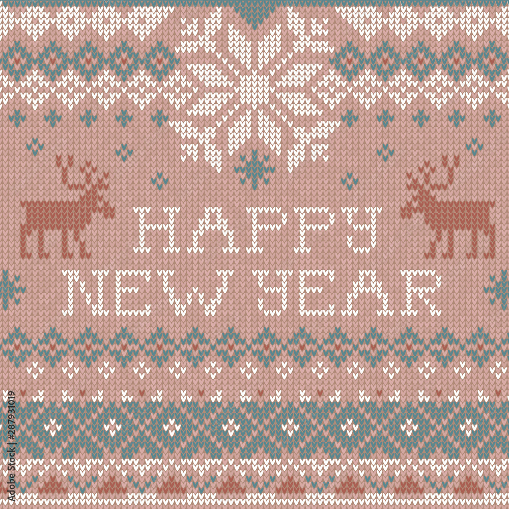 Vector illustration Handmade knitted background pattern Merry Christmas, reindeers, snowflakes Vector illustration Handmade knitted background pattern Merry Christmas, reindeers, snowflakes