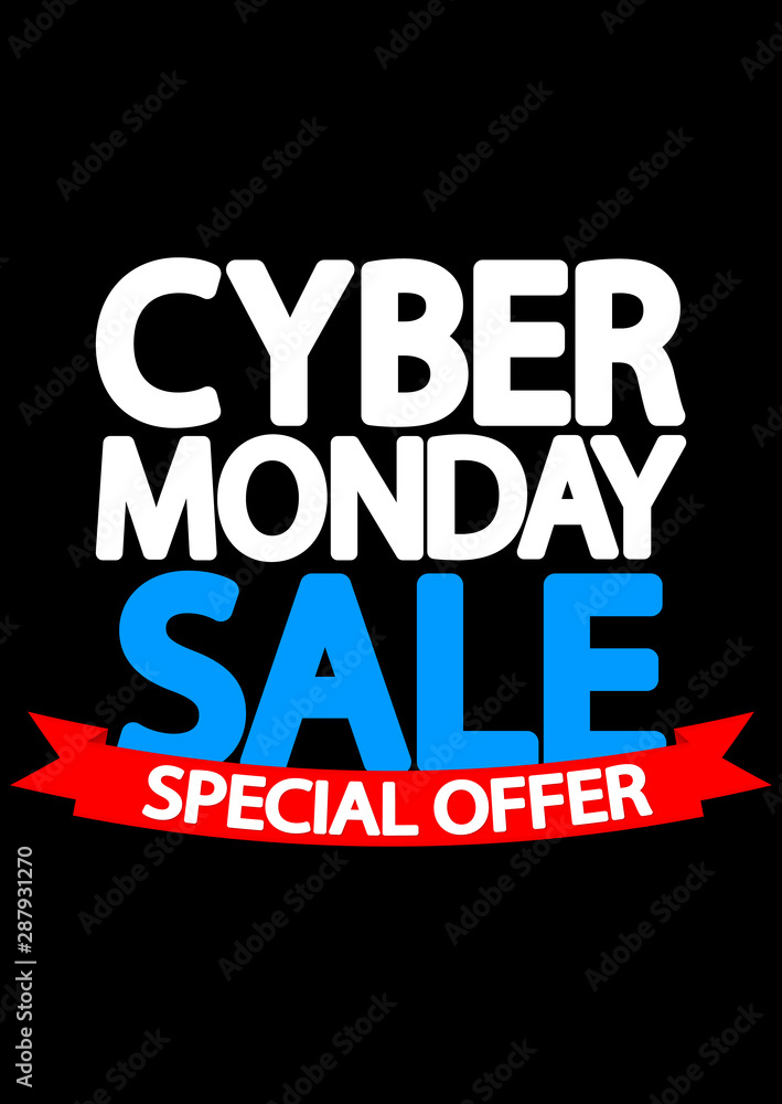 Cyber Monday Sale, poster design template, red ribbon, special offer, vector illustration