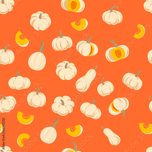 Flat colored vintage pumpkins on orange background seamless pattern