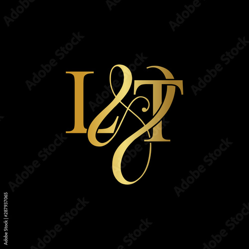 Initial letter LT L T luxury art vector mark logo, gold color on black background.	