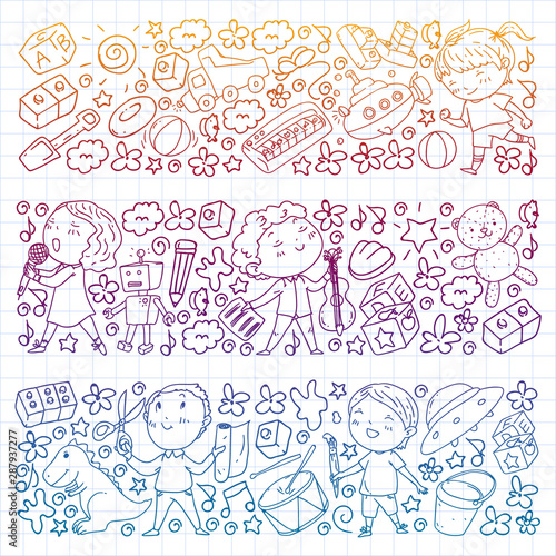 Painted by hand style pattern on the theme of childhood. Vector illustration for children design. Drawing by pen on squared notebook.