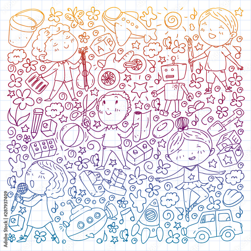 Painted by hand style pattern on the theme of childhood. Vector illustration for children design. Drawing by pen on squared notebook.