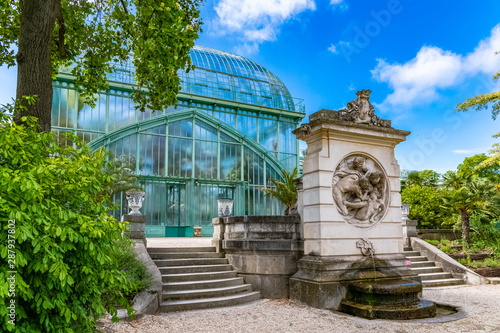 Photography Paris, the Auteuil greenhouses, beautiful public garden and fountain in spring