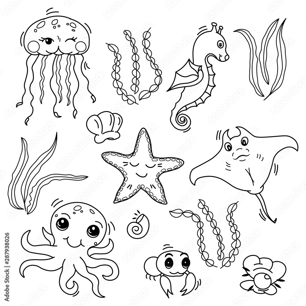 Fototapeta premium set of cute sea creatures for baby coloring book, adorable kawaii cartoon drawn ocean animals, editable black and white vector illustration