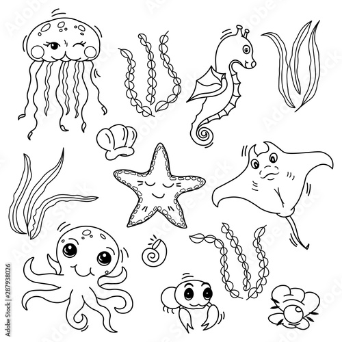 set of cute sea creatures for baby coloring book, adorable kawaii cartoon drawn ocean animals, editable black and white vector illustration