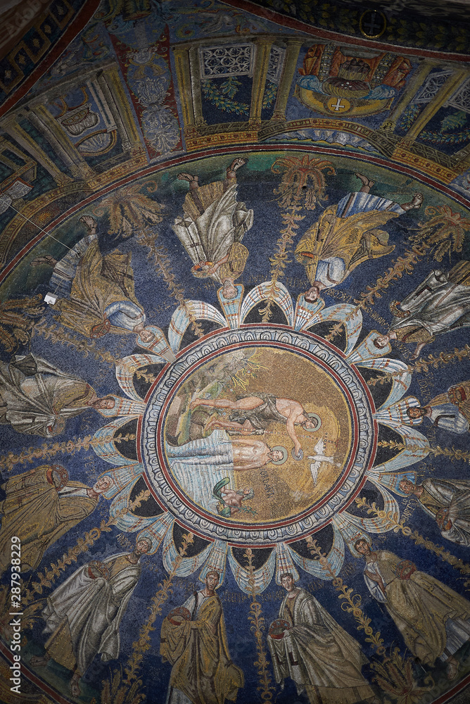 Ravenna, Italy - August 14, 2019 : View of Battistero Neoniano ceiling