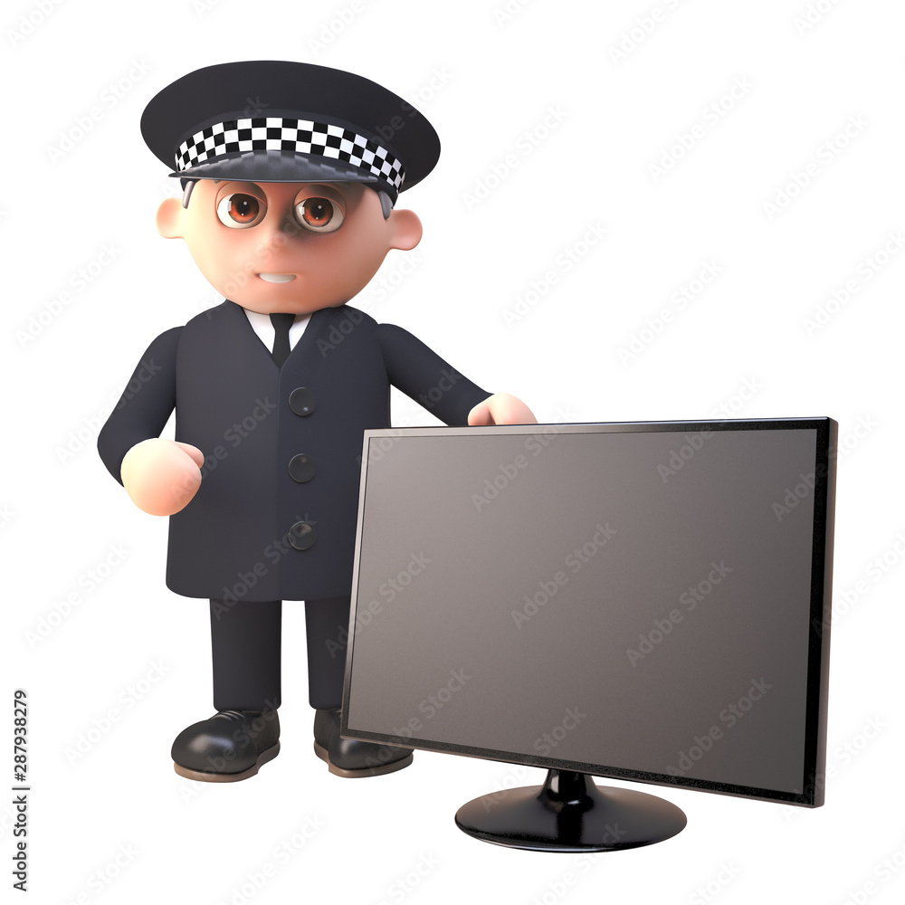 3d cartoon policeman character in uniform standing by a widescreen flatscreen tv monitor, 3d illustration 3d cartoon policeman character in uniform standing by a widescreen flatscreen tv monitor, 3d illustration