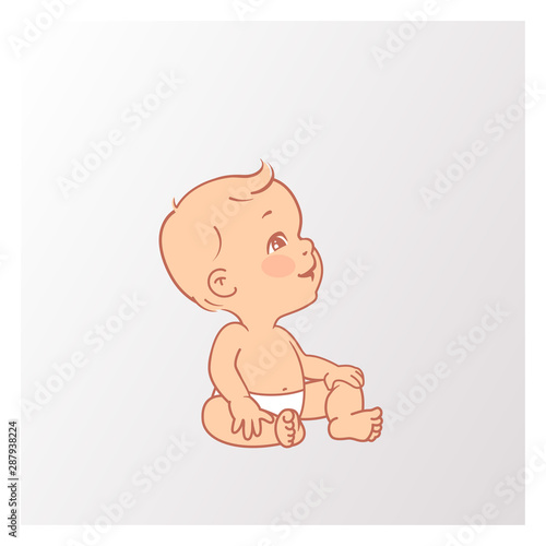 Cute little baby boy or girl in diaper sitting. 