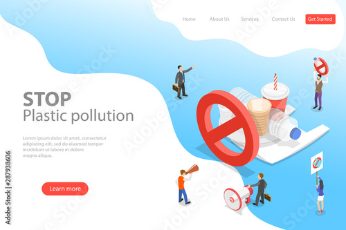 Isometric flat vector laning page template of stop plastic pollution, polythene disposable garbage problem.