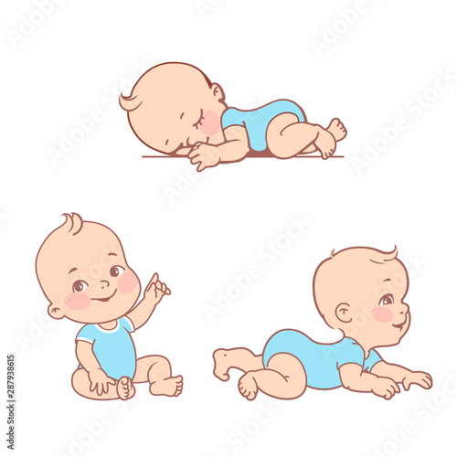 Set with smiling little baby boy in diaper, bodysuit. 