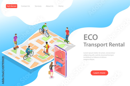 Isometric flat vector landing page template of city eco transportation, rent online service, urban eco-friendly transport.