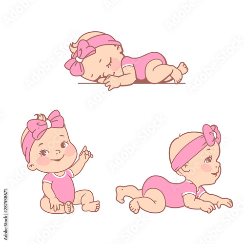 Set with smiling little baby girl in diaper, bodysuit. 