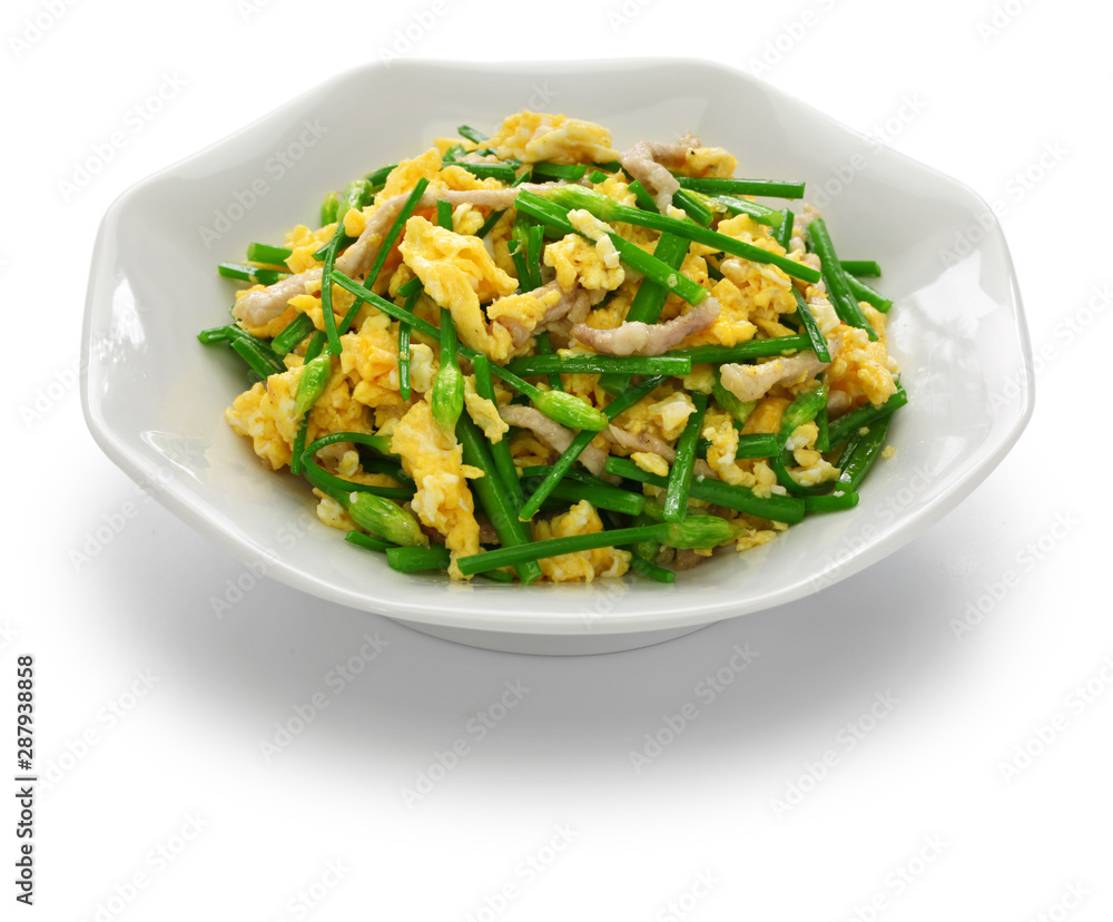 stir fried flowering garlic chives with eggs, chinese cuisine stir fried flowering garlic chives with eggs, chinese cuisine