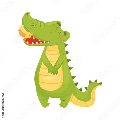 Cute humanized crocodile with a yellow bird. Vector illustration on a white background.
