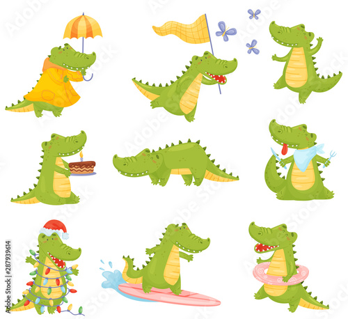 Leinwand Poster Set of cute humanized crocodiles in different situations