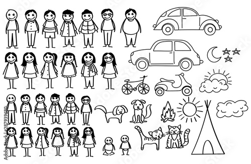 Set of happy cartoon doodle figure family, stick man. Stickman Illustration Featuring a Mother and Father and Kids. Vector Illustration, set of family in stick figures. Hand Drawn.