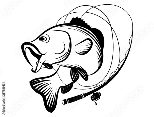 Fishing logo. Black and white illustration of a fish hunting for bait. Predatory fish on the hook. Fishing on the rod. Tattoo.