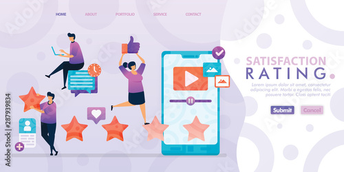 Landing page design of Satisfaction Rating with flat Illustration cartoon character. Business data visualization of layout diagram, banner, web design,  web page, website, homepage, mobile apps, UI.