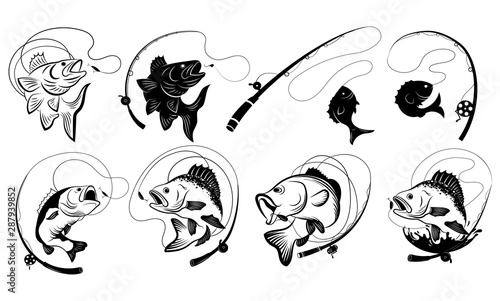 Set of fishing illustrations. Collection of fish hooked. Black white vector illustration for fishing. Tattoo.